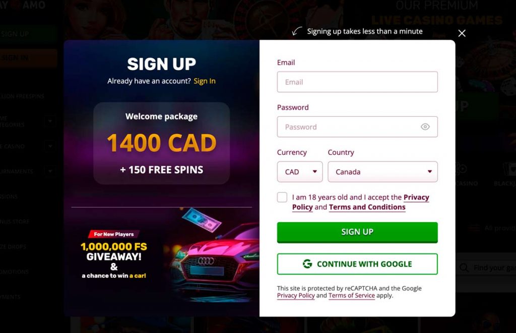 PlayAmo sign-up